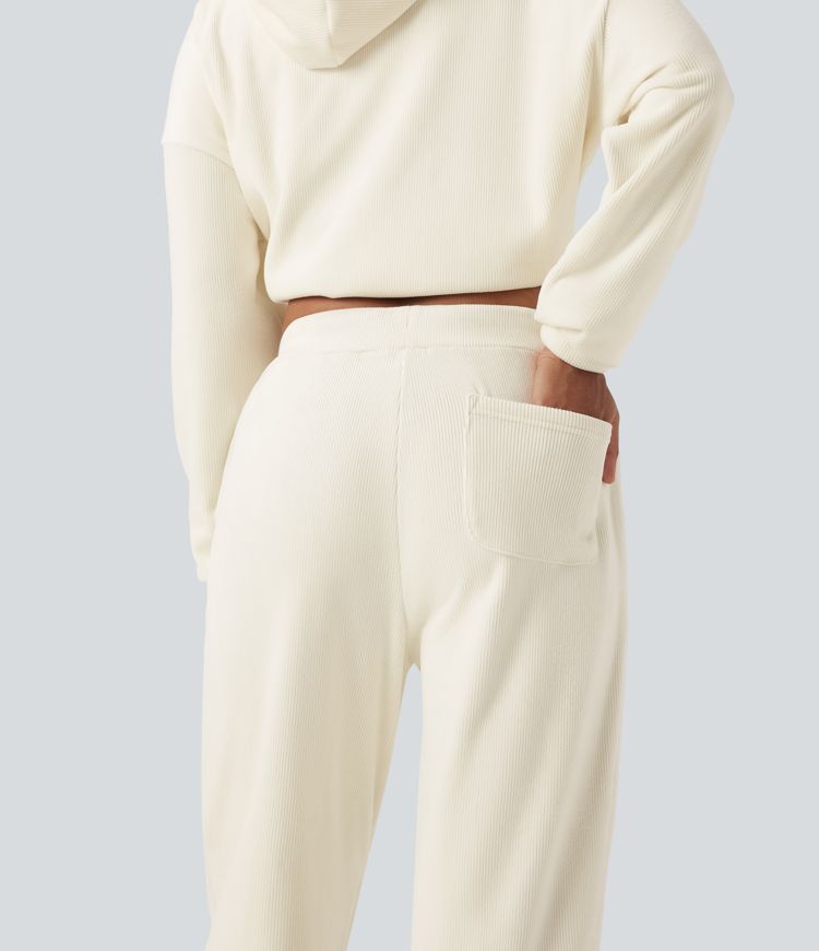 Ribbed Knit Mid Rise Drawstring Tapered Fleece Casual Joggers with Pockets