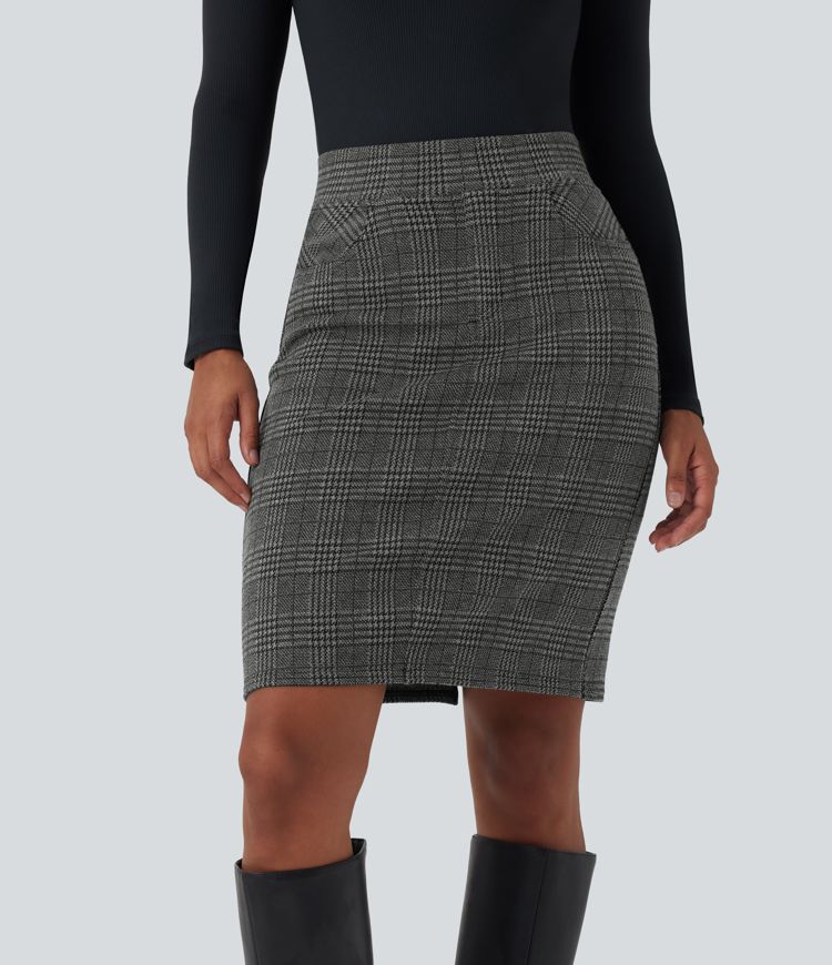 High Waisted Bodycon Houndstooth Plaid Mini Work Skirt with Pockets