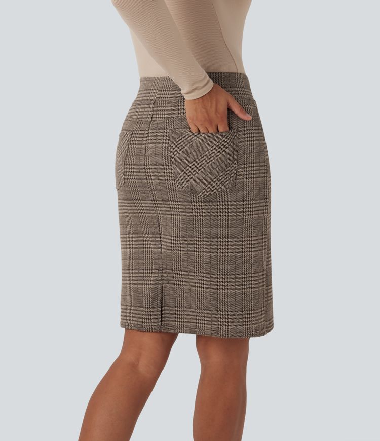 High Waisted Bodycon Houndstooth Plaid Mini Work Skirt with Pockets