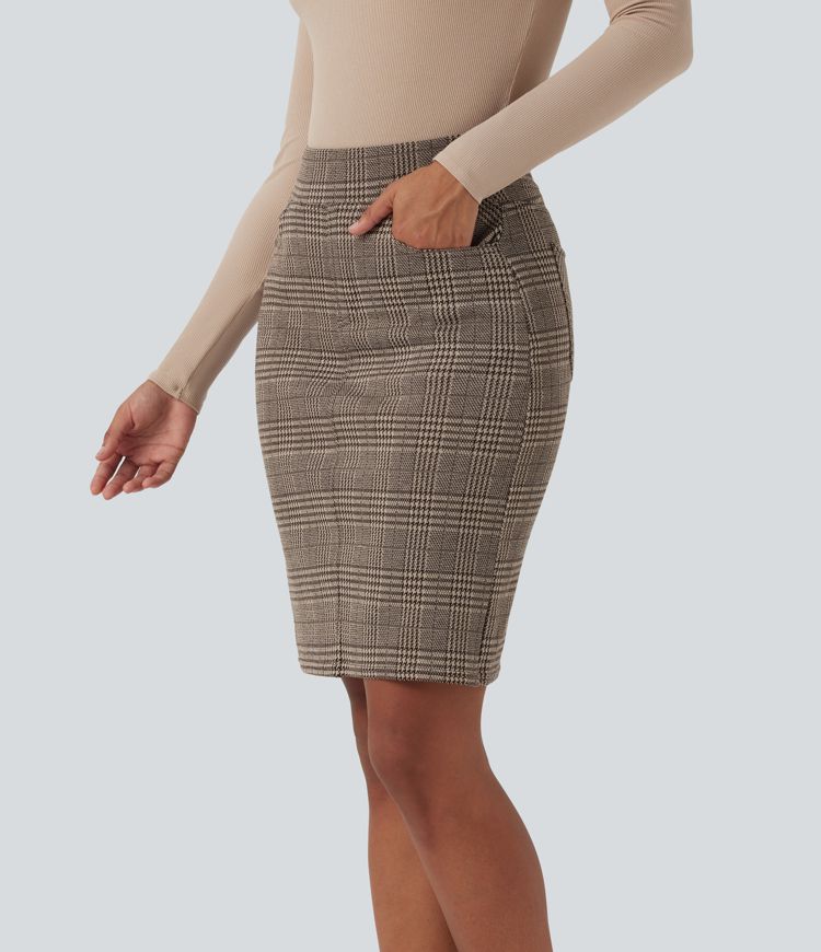 High Waisted Bodycon Houndstooth Plaid Mini Work Skirt with Pockets