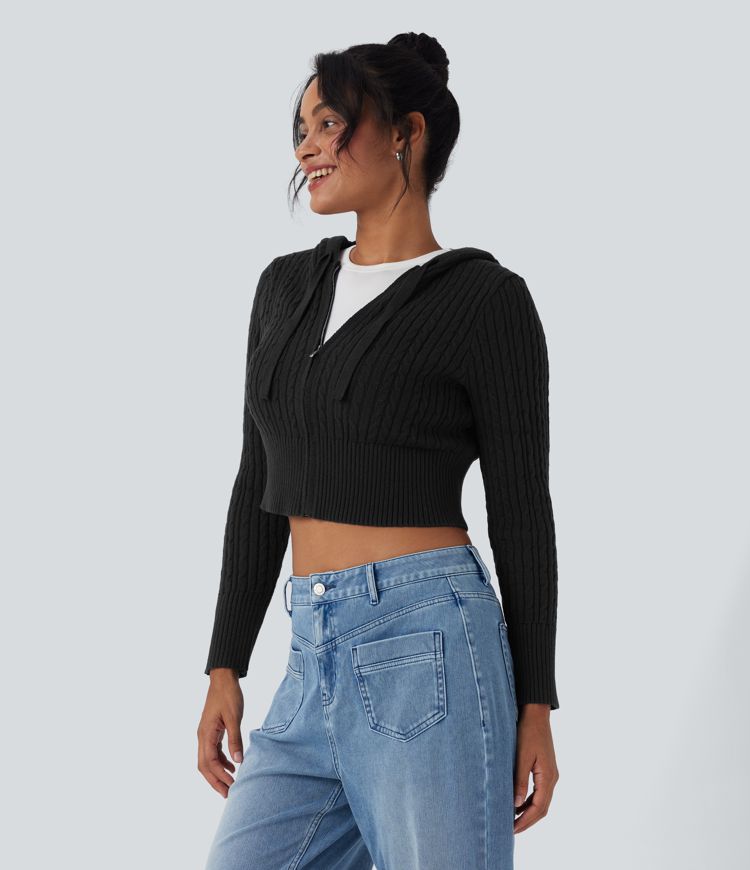Hooded Zipper Cropped Casual Cardigan