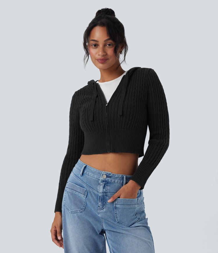 Hooded Zipper Cropped Casual Cardigan