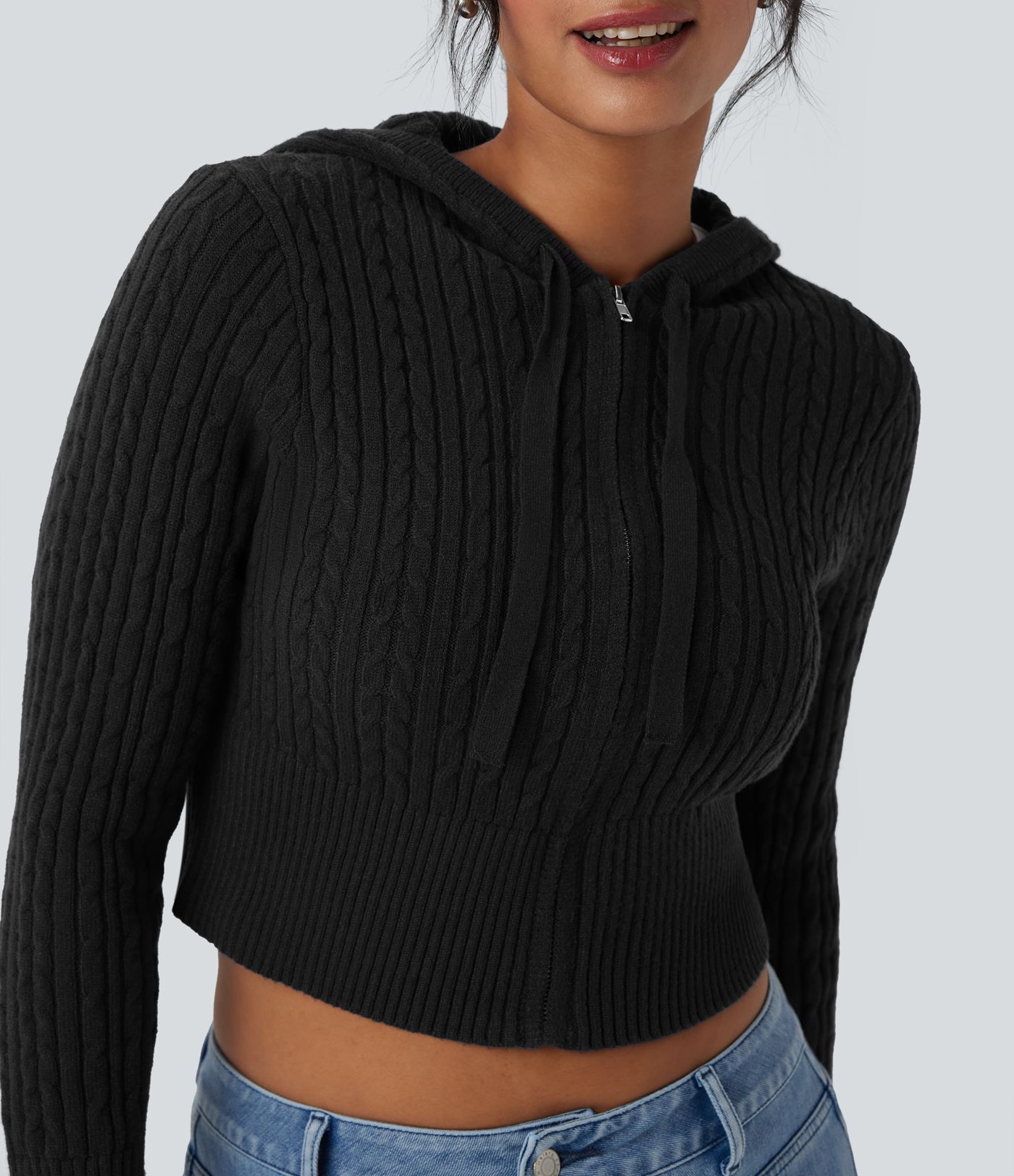 Hooded Zipper Cropped Casual Cardigan