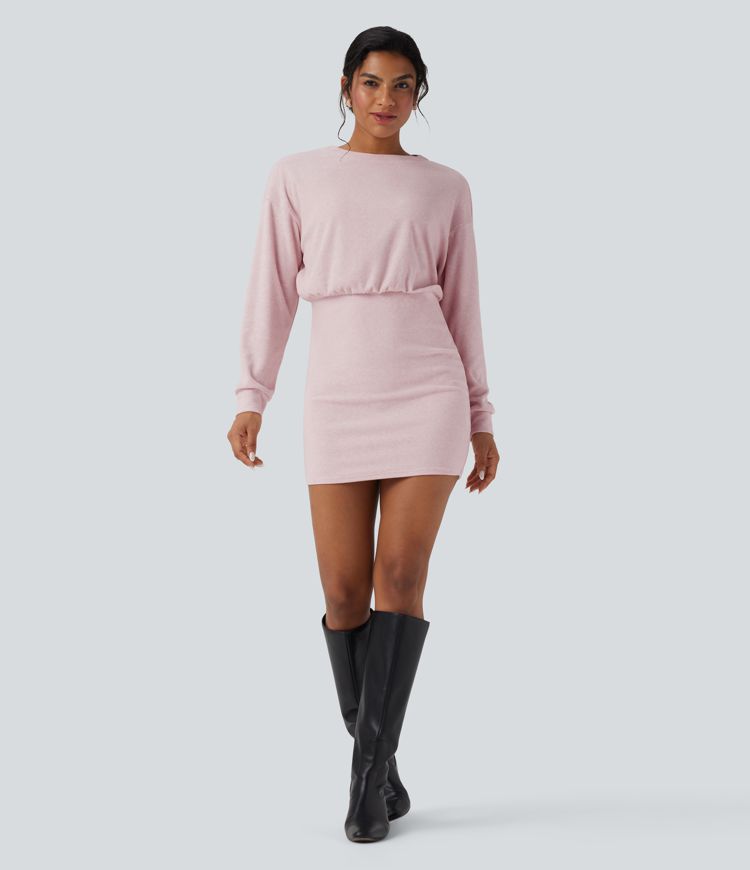 Robe courte moulante décontractée col rond manches longues