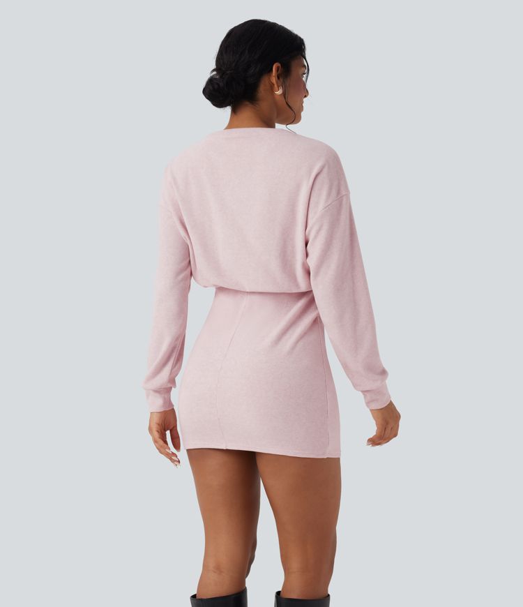 Robe courte moulante décontractée col rond manches longues