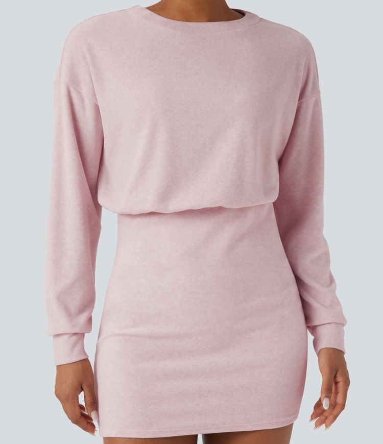 Robe courte moulante décontractée col rond manches longues