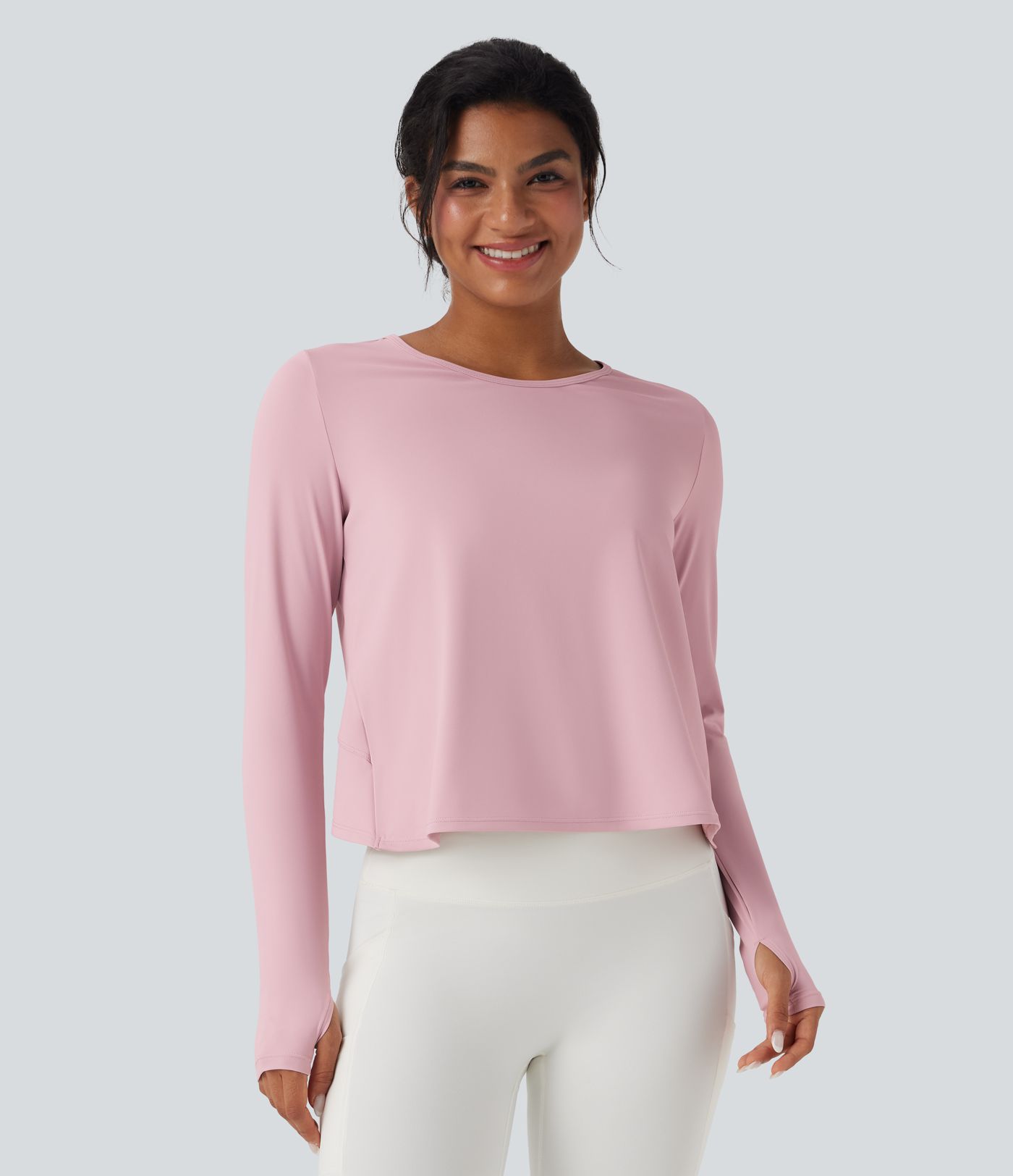 Long Sleeve Thumb Hole Crossover Curved Hem Yoga Sports Top