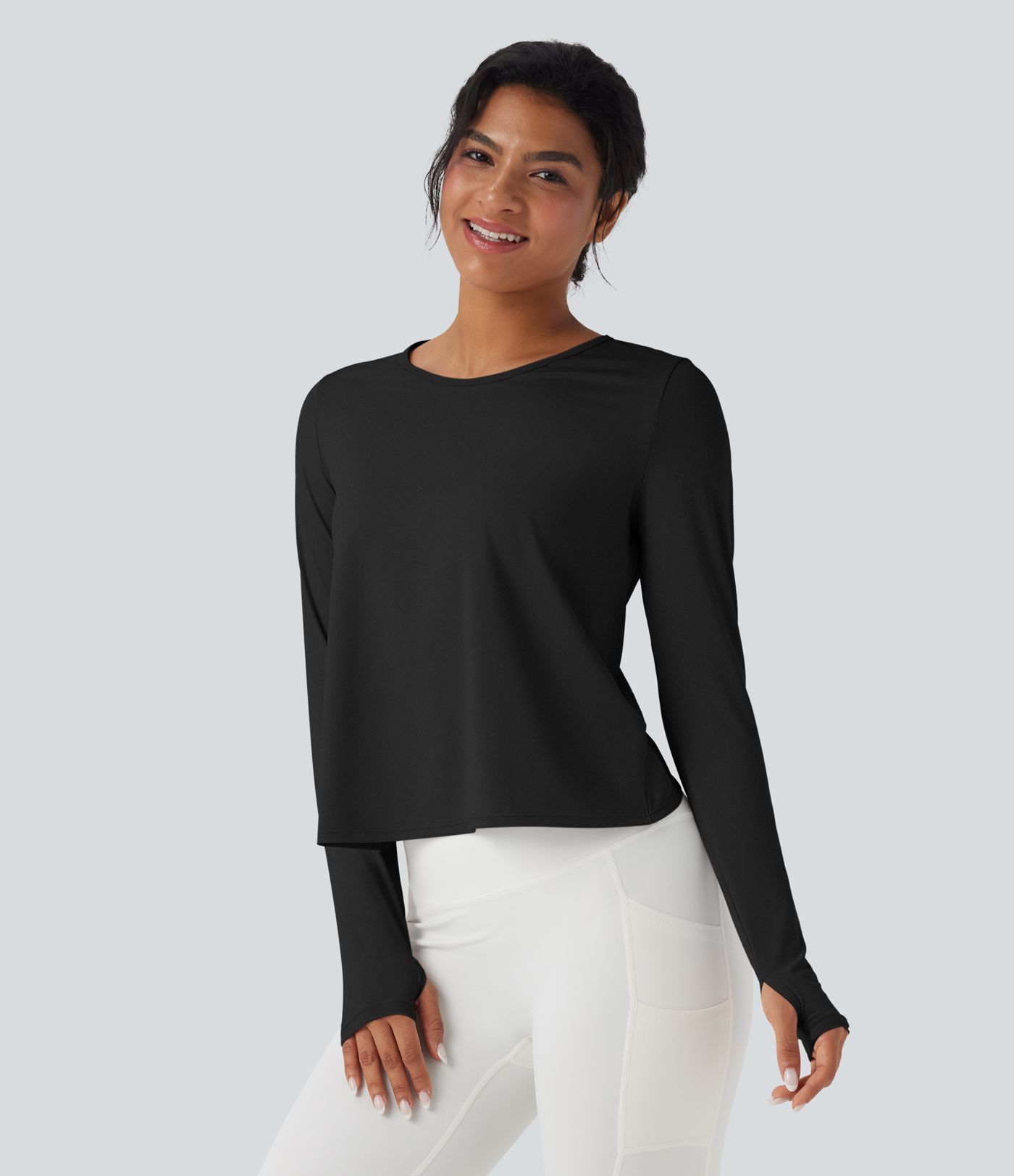 Long Sleeve Thumb Hole Crossover Curved Hem Yoga Sports Top