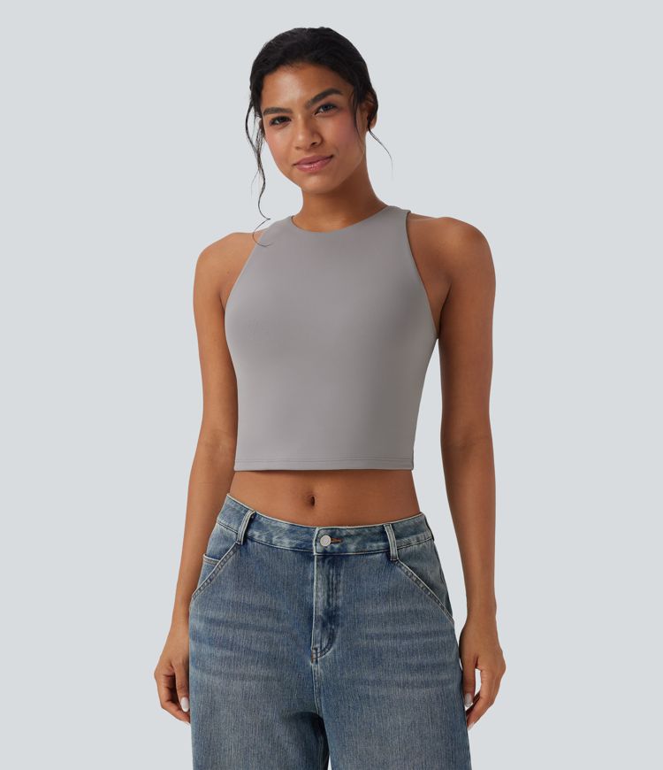 Round Neck Keyhole Back Cropped Casual Tank Top