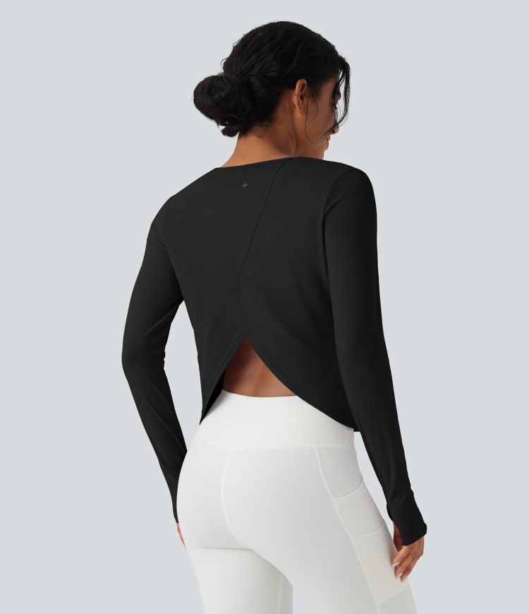 Long Sleeve Thumb Hole Crossover Curved Hem Yoga Sports Top