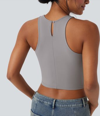 Round Neck Keyhole Back Cropped Casual Tank Top
