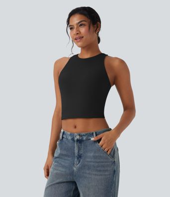 Round Neck Keyhole Back Cropped Casual Tank Top