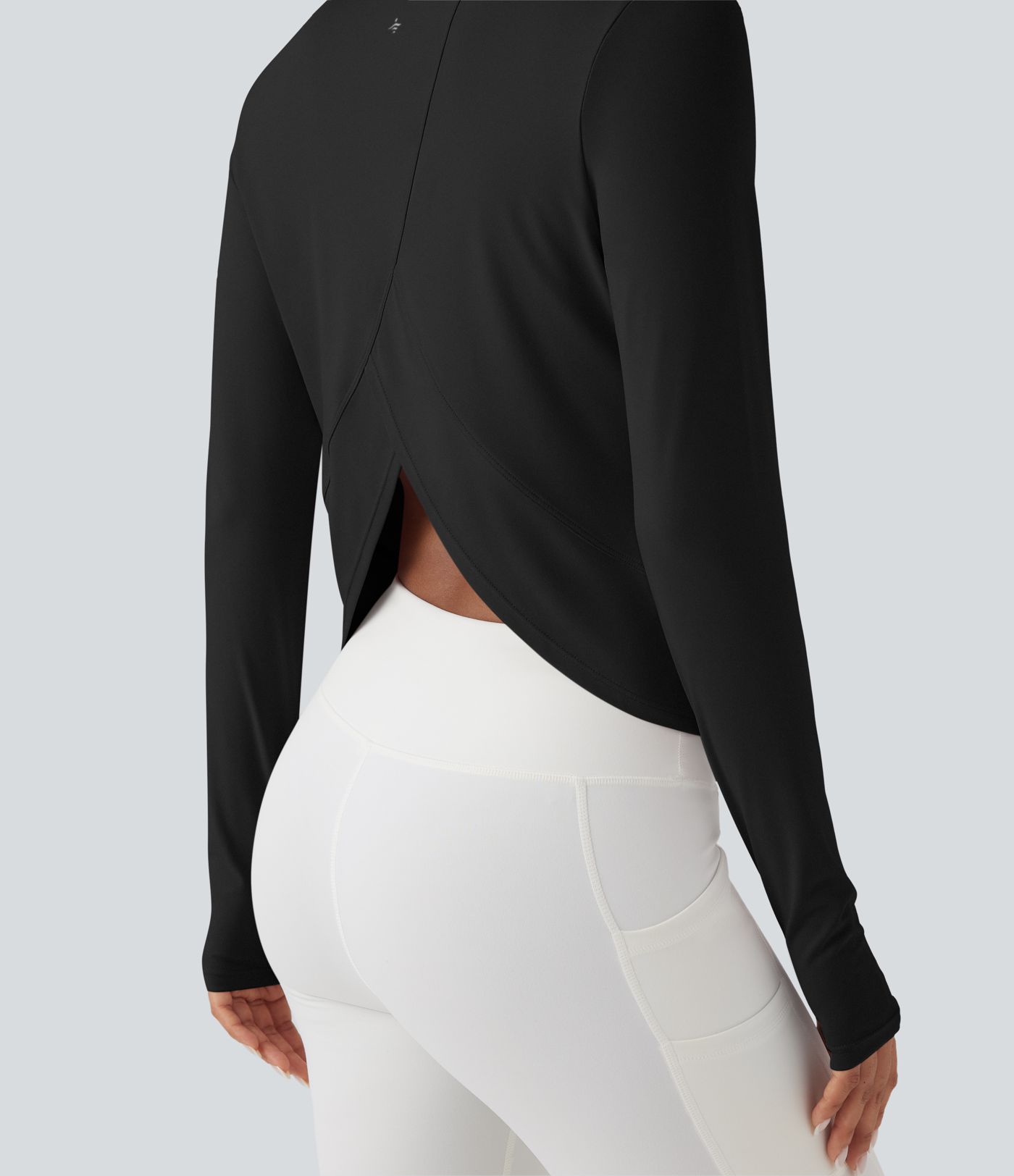 Long Sleeve Thumb Hole Crossover Curved Hem Yoga Sports Top