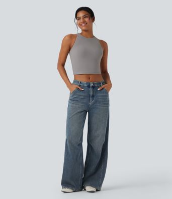 Round Neck Keyhole Back Cropped Casual Tank Top