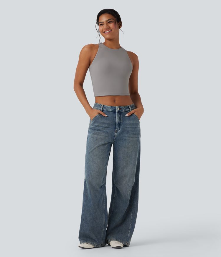 Round Neck Keyhole Back Cropped Casual Tank Top