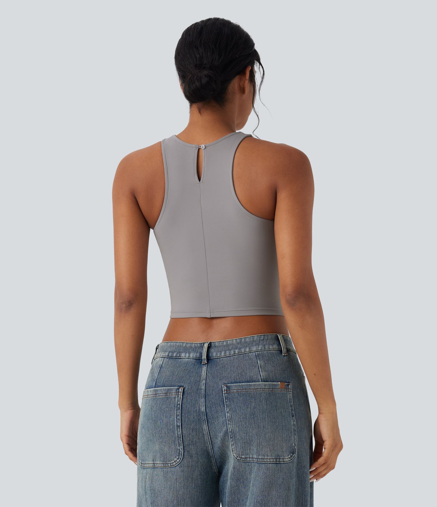 Round Neck Keyhole Back Cropped Casual Tank Top