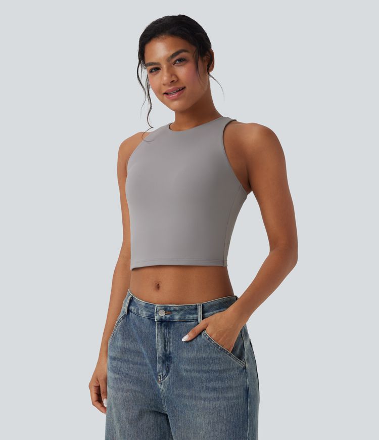 Round Neck Keyhole Back Cropped Casual Tank Top