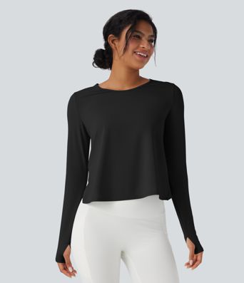 Long Sleeve Thumb Hole Crossover Curved Hem Yoga Sports Top