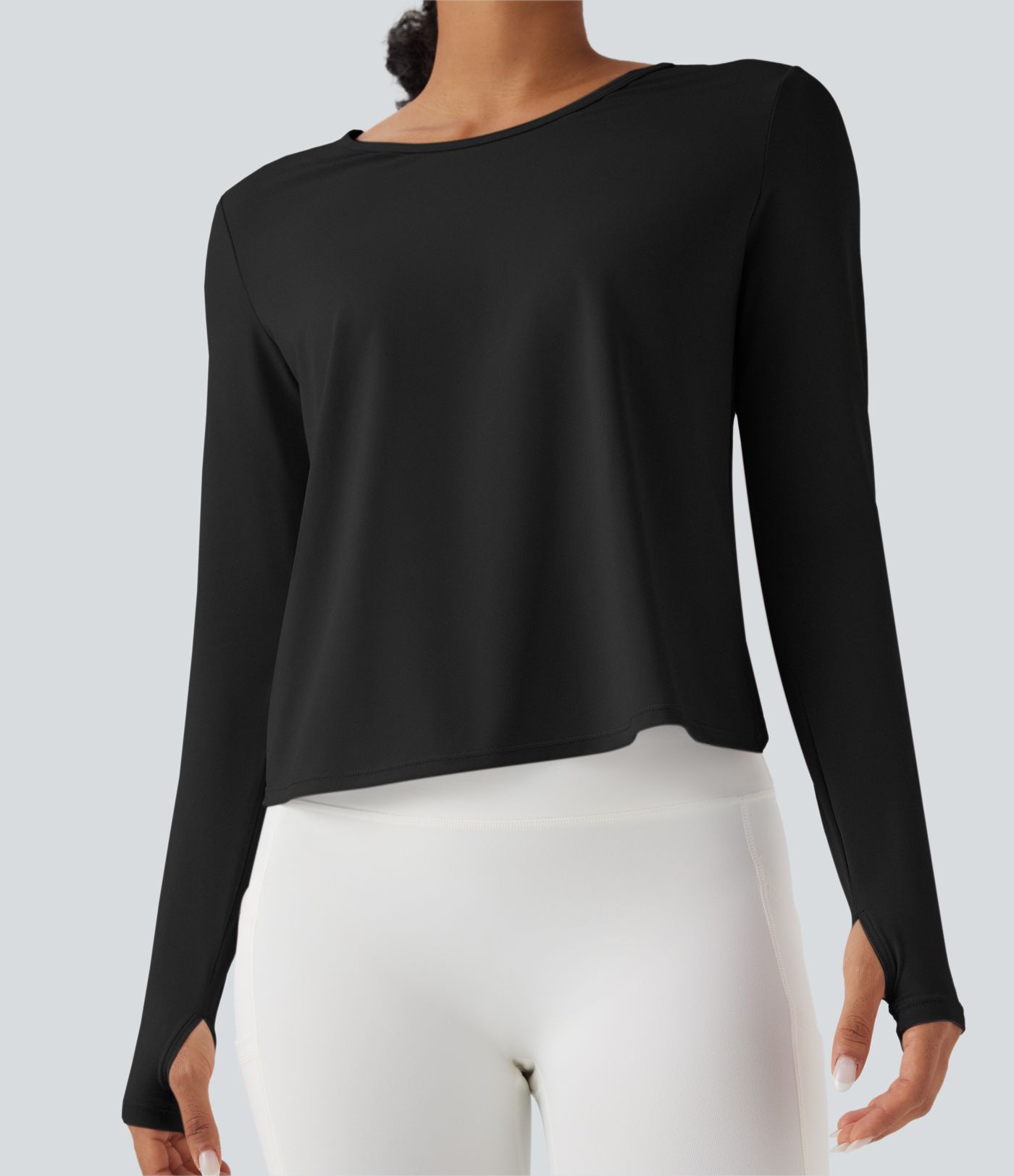 Long Sleeve Thumb Hole Crossover Curved Hem Yoga Sports Top
