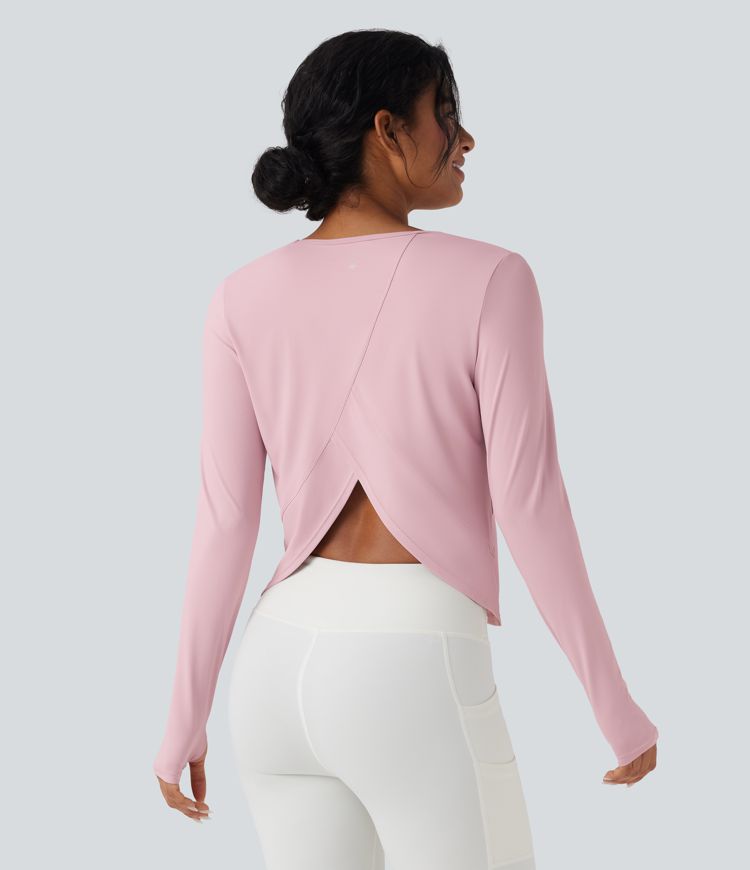 Long Sleeve Thumb Hole Crossover Curved Hem Yoga Sports Top