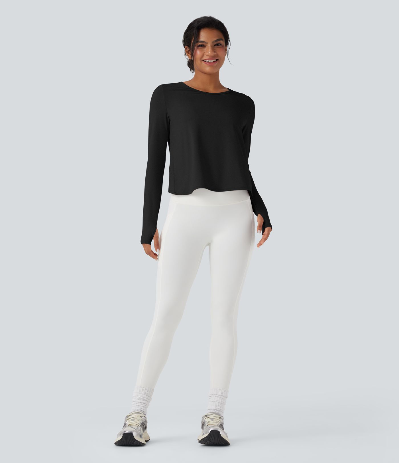 Long Sleeve Thumb Hole Crossover Curved Hem Yoga Sports Top