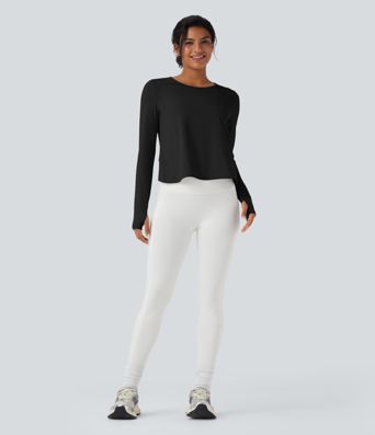 Long Sleeve Thumb Hole Crossover Curved Hem Yoga Sports Top