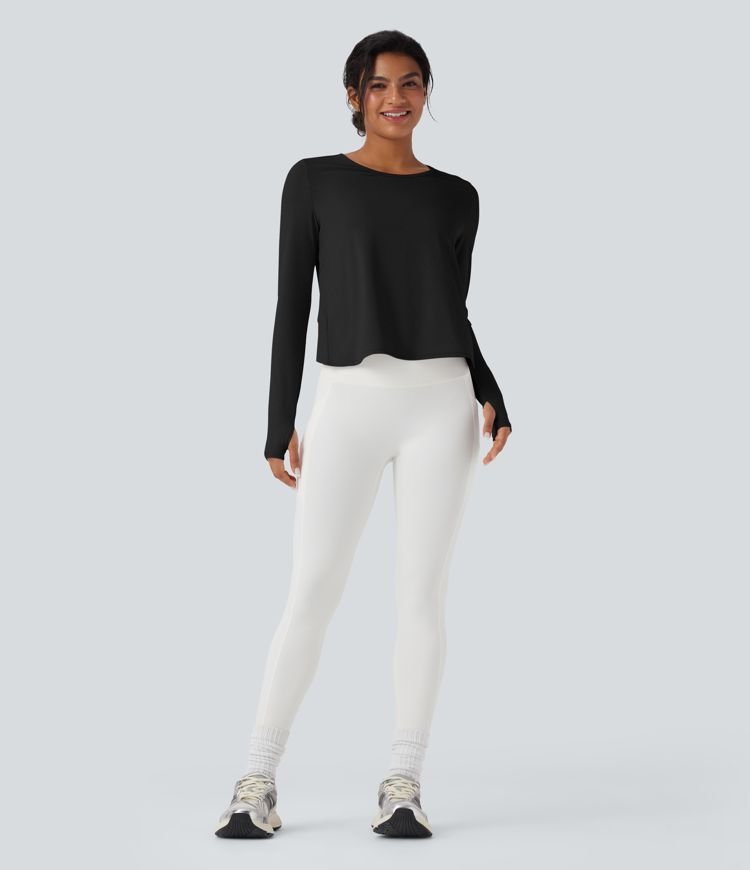Long Sleeve Thumb Hole Crossover Curved Hem Yoga Sports Top