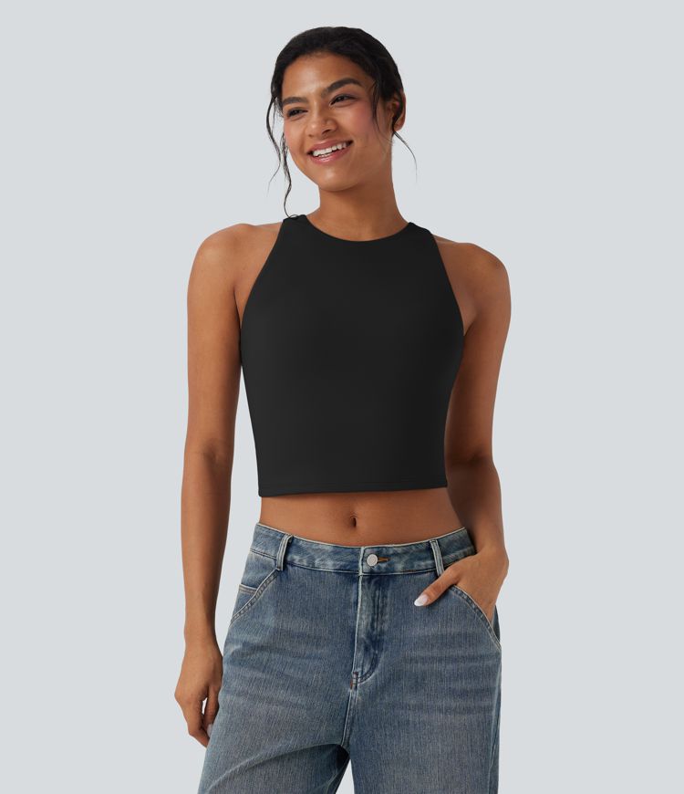 Round Neck Keyhole Back Cropped Capri Casual Tank Top