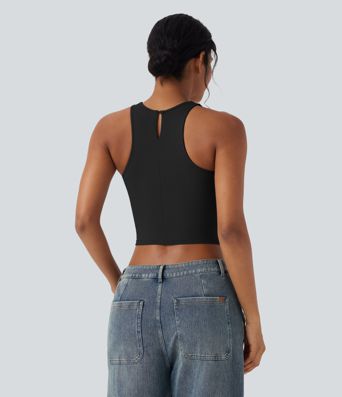 Round Neck Keyhole Back Cropped Casual Tank Top
