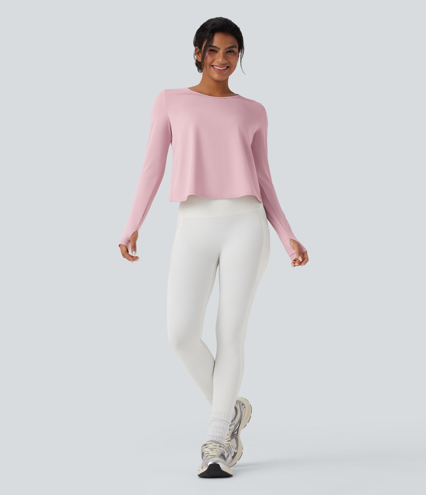 Long Sleeve Thumb Hole Crossover Curved Hem Yoga Sports Top