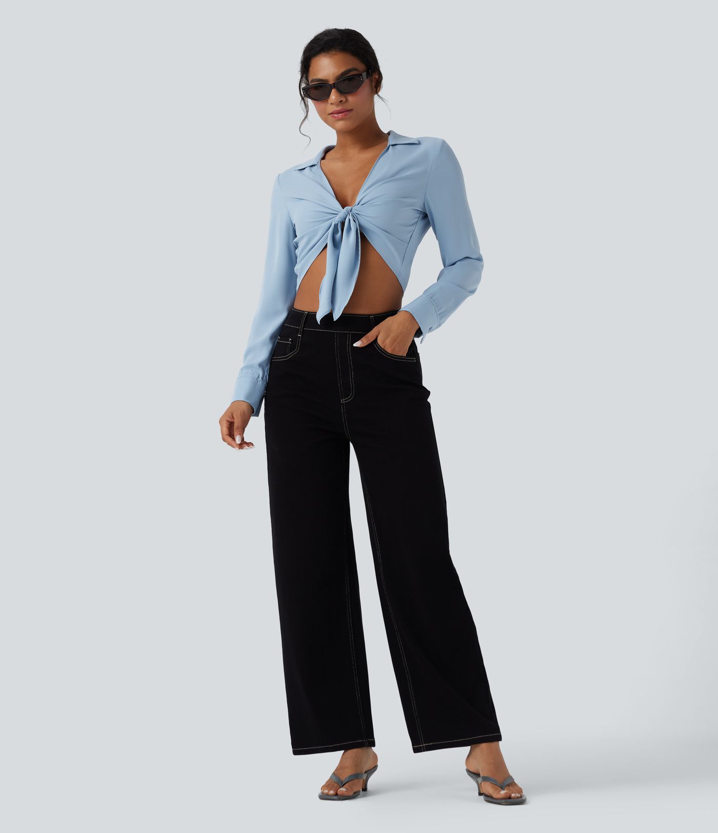 Tie Front Long Sleeve Cropped Casual Blouse