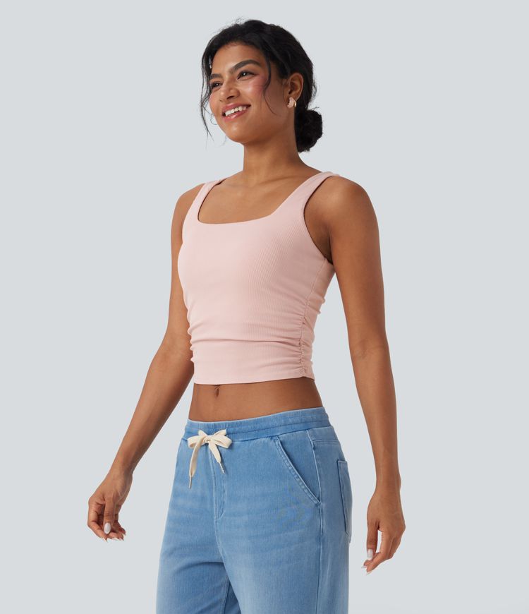 Ribbed Square Neck Ruched Cropped Casual Tank Top