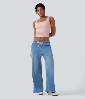 Ribbed Square Neck Ruched Cropped Casual Tank Top