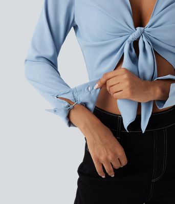 Tie Front Long Sleeve Cropped Casual Blouse