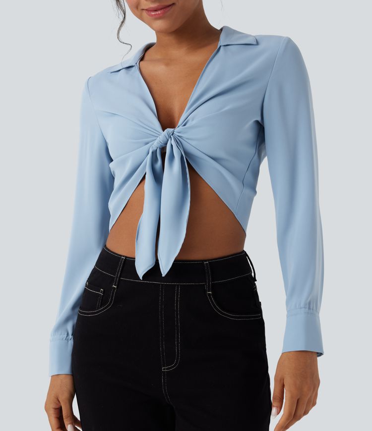 Tie Front Long Sleeve Cropped Casual Blouse
