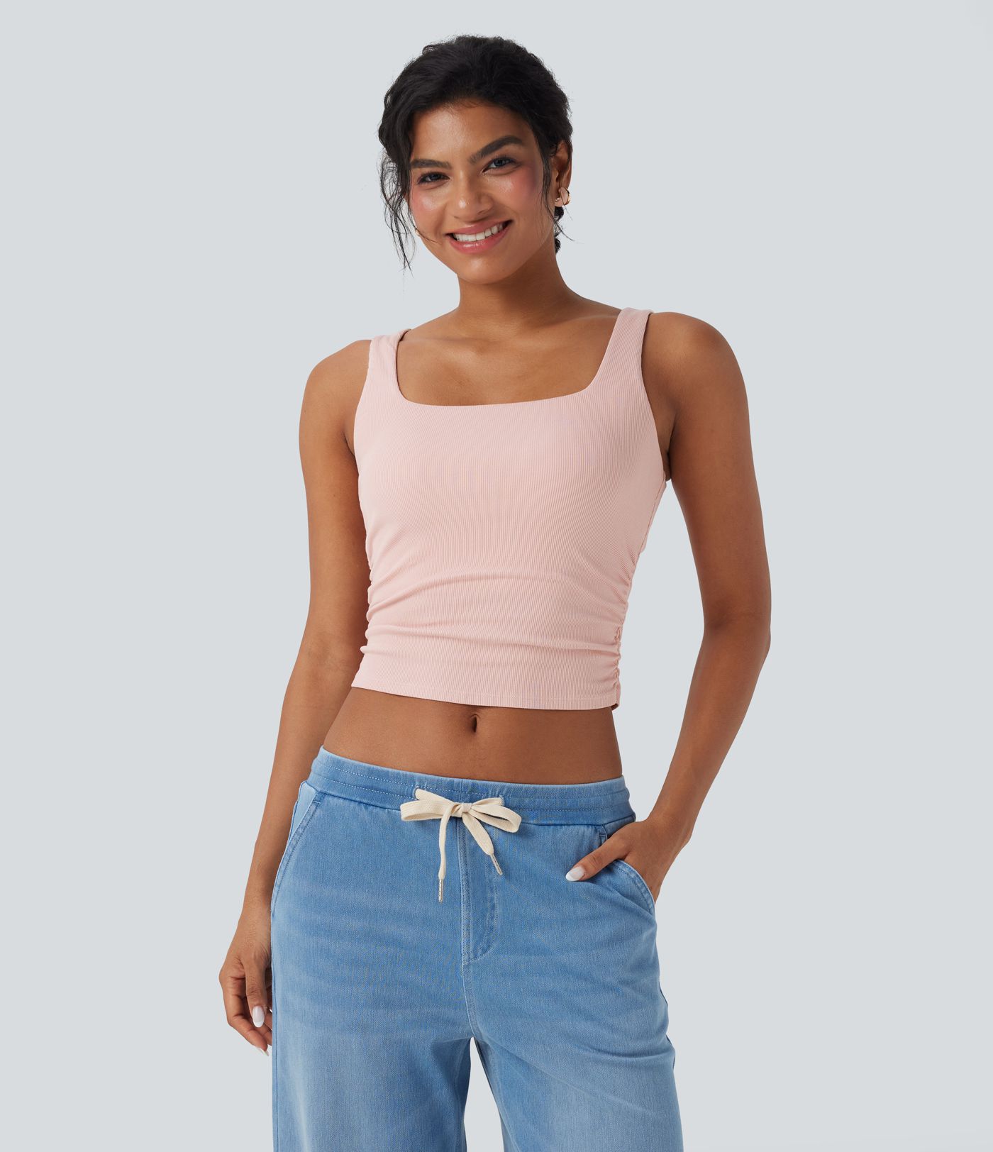 Ribbed Square Neck Ruched Cropped Casual Tank Top