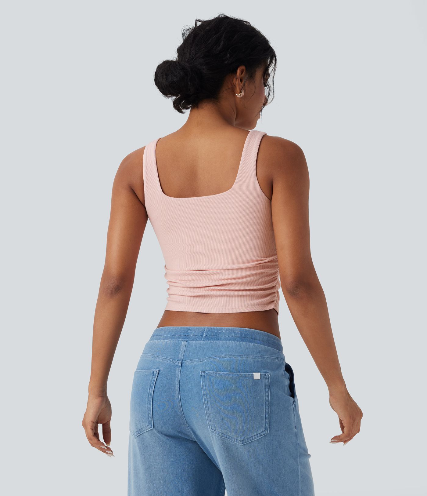 Ribbed Square Neck Ruched Cropped Casual Tank Top