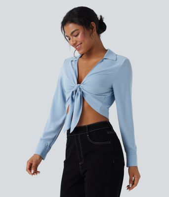 Tie Front Long Sleeve Cropped Casual Blouse