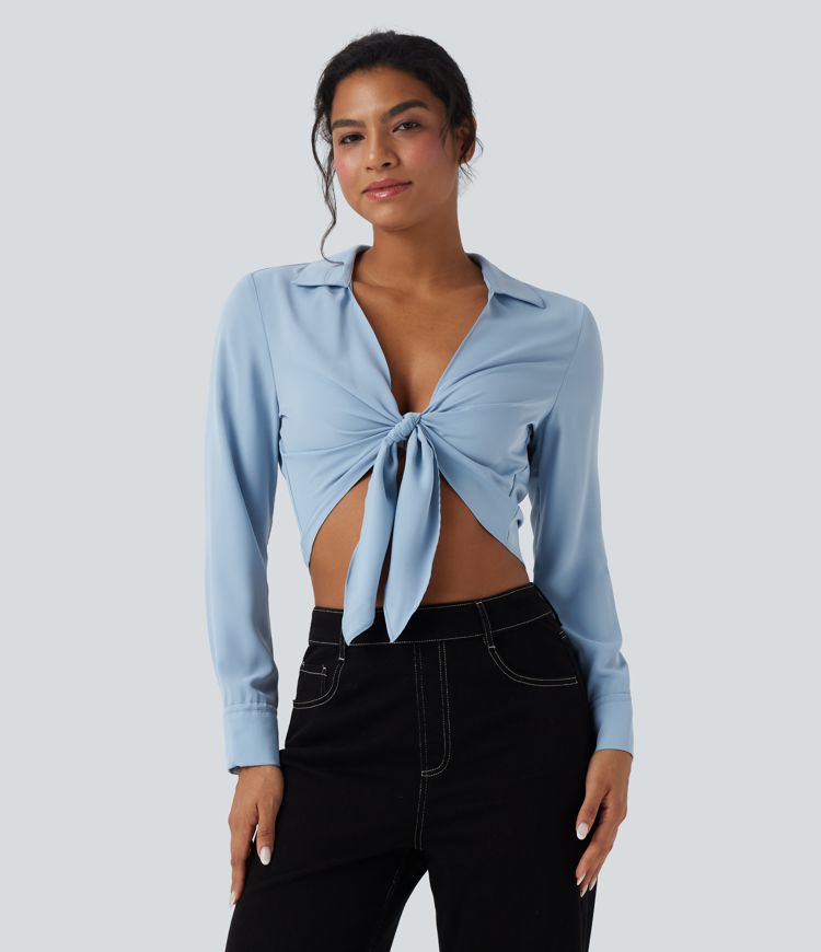 Tie Front Long Sleeve Cropped Casual Blouse