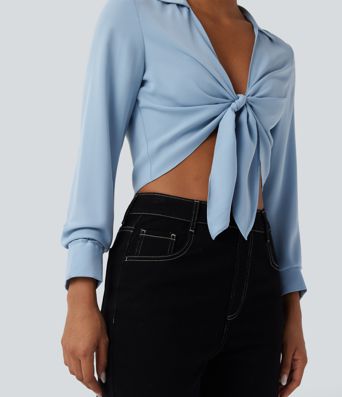 Tie Front Long Sleeve Cropped Casual Blouse