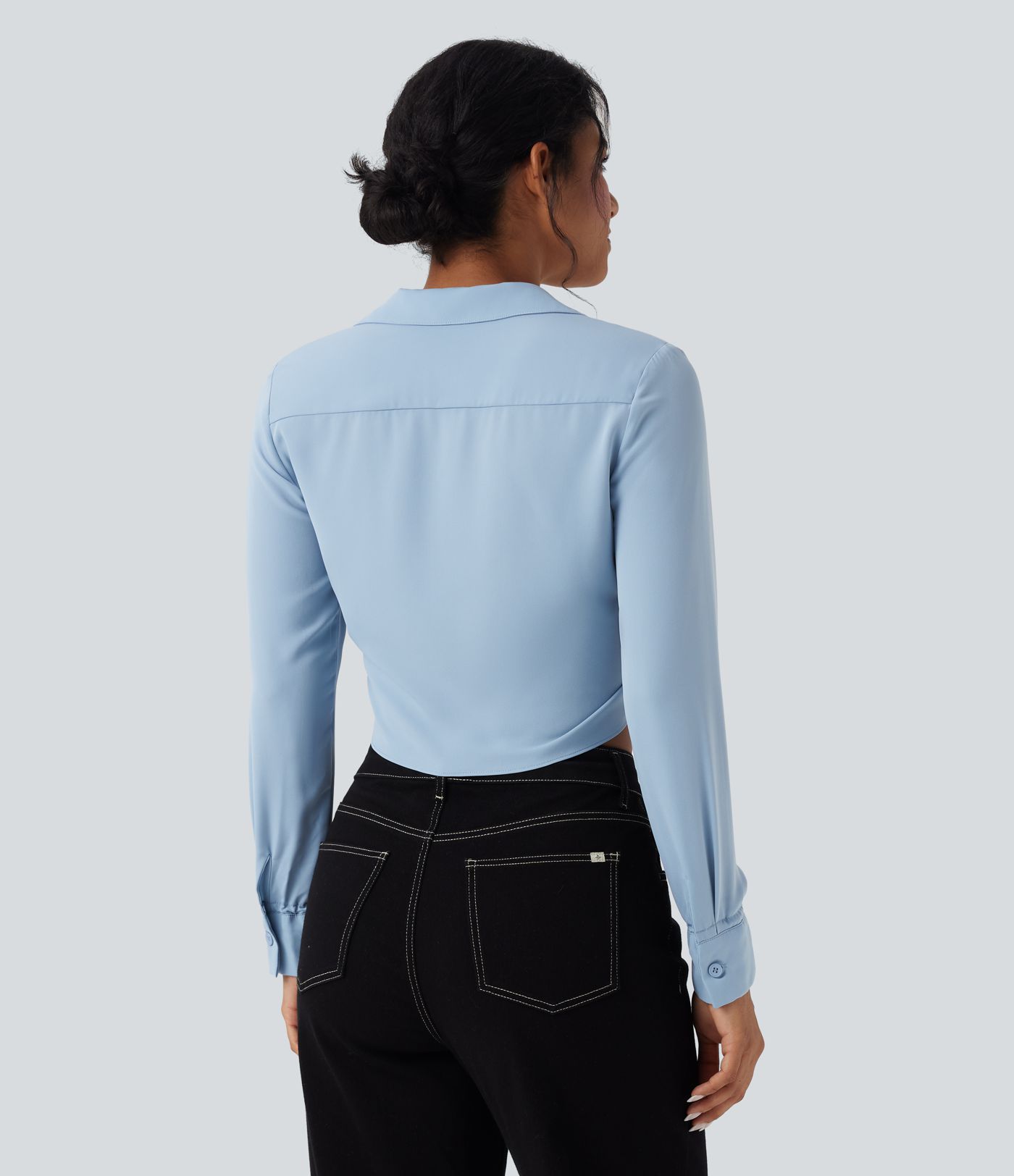 Tie Front Long Sleeve Cropped Casual Blouse