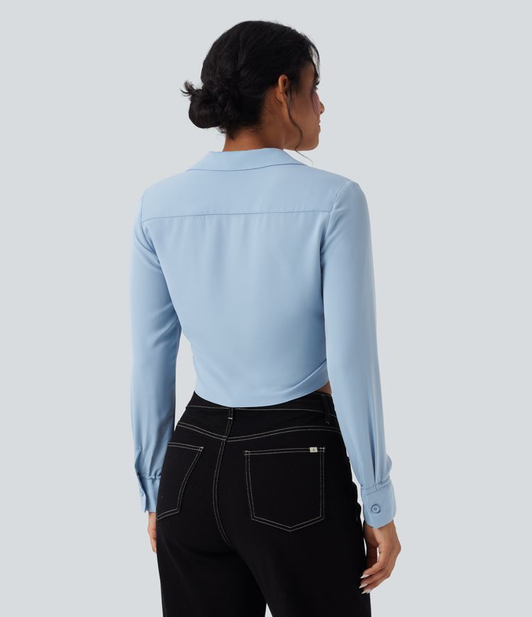 Tie Front Long Sleeve Cropped Casual Blouse