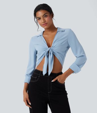 Tie Front Long Sleeve Cropped Casual Blouse
