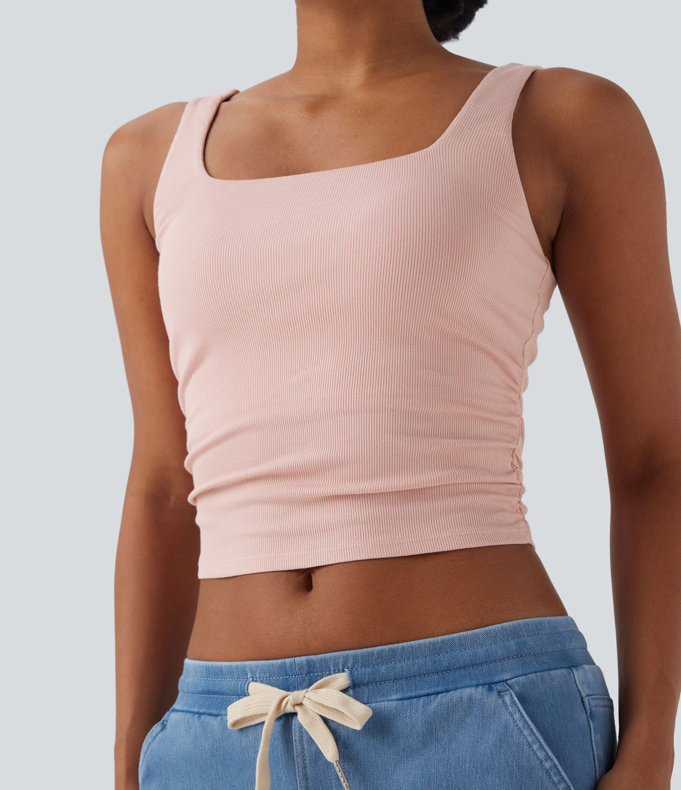 Ribbed Square Neck Ruched Cropped Casual Tank Top
