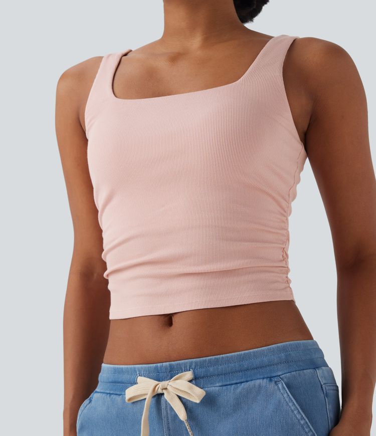 Ribbed Square Neck Ruched Cropped Casual Tank Top