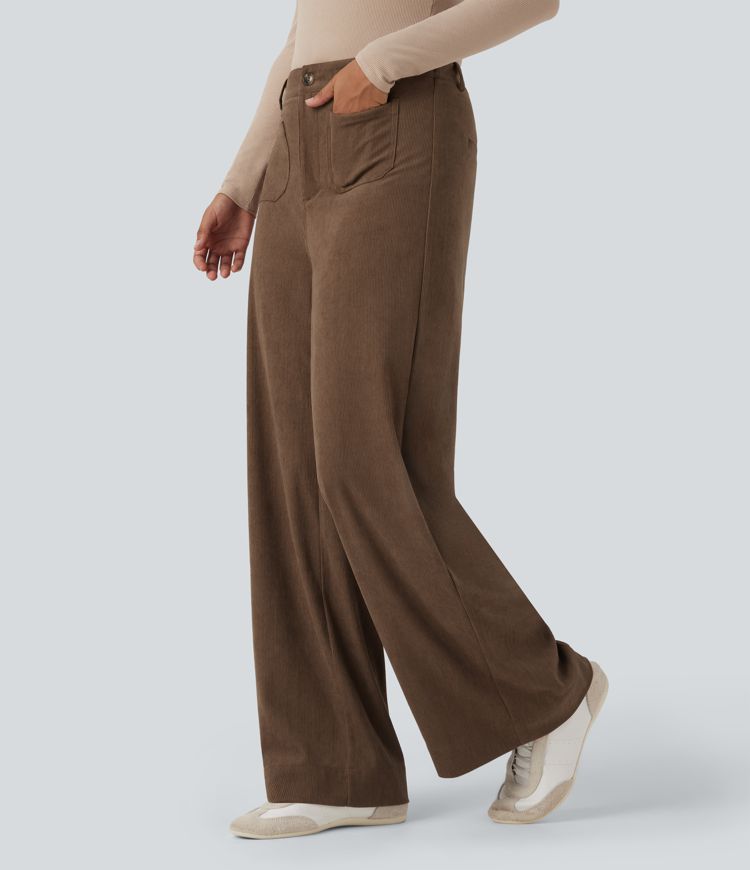 High Waisted Wide Leg Casual Corduroy Pants with Pockets