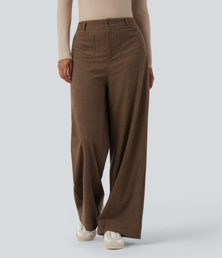High Waisted Wide Leg Casual Corduroy Pants with Pockets