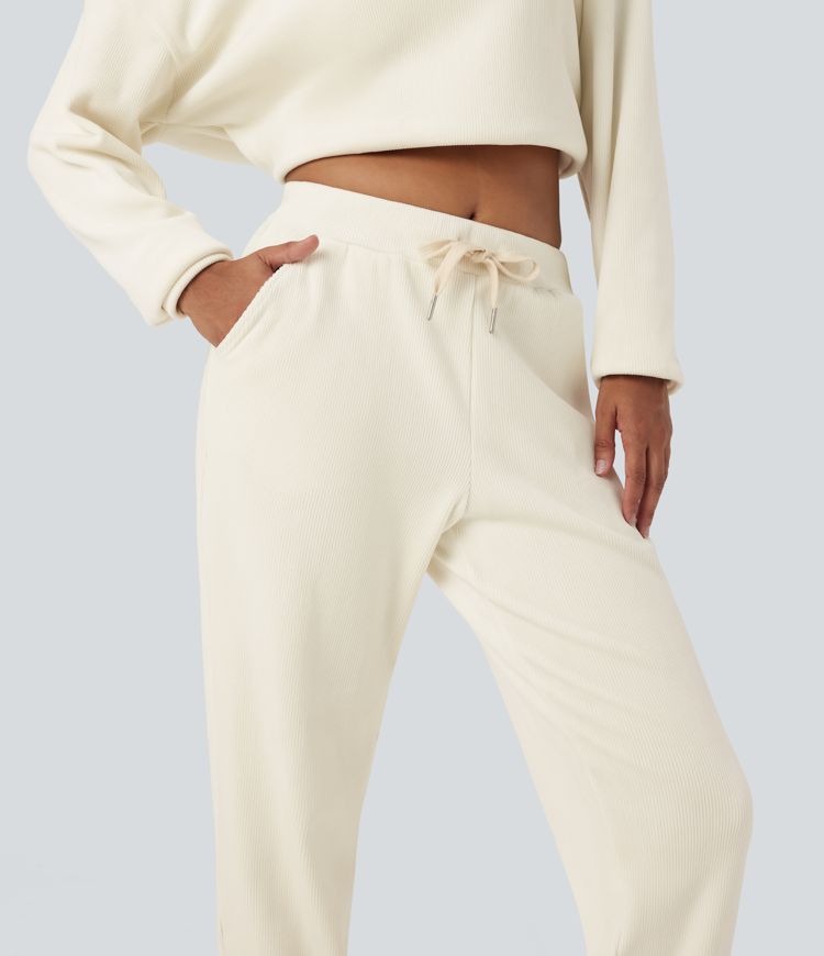 Ribbed Knit Mid Rise Drawstring Tapered Fleece Casual Joggers with Pockets