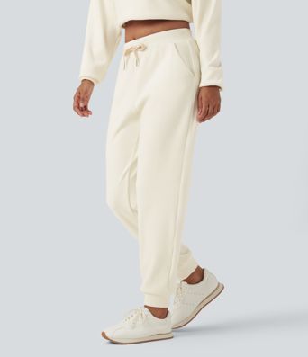 Ribbed Knit Mid Rise Drawstring Tapered Fleece Casual Joggers with Pockets