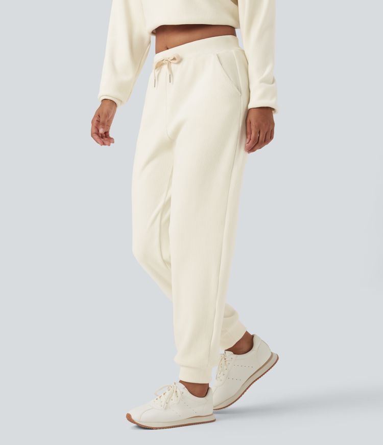 Ribbed Knit Mid Rise Drawstring Tapered Fleece Casual Joggers with Pockets